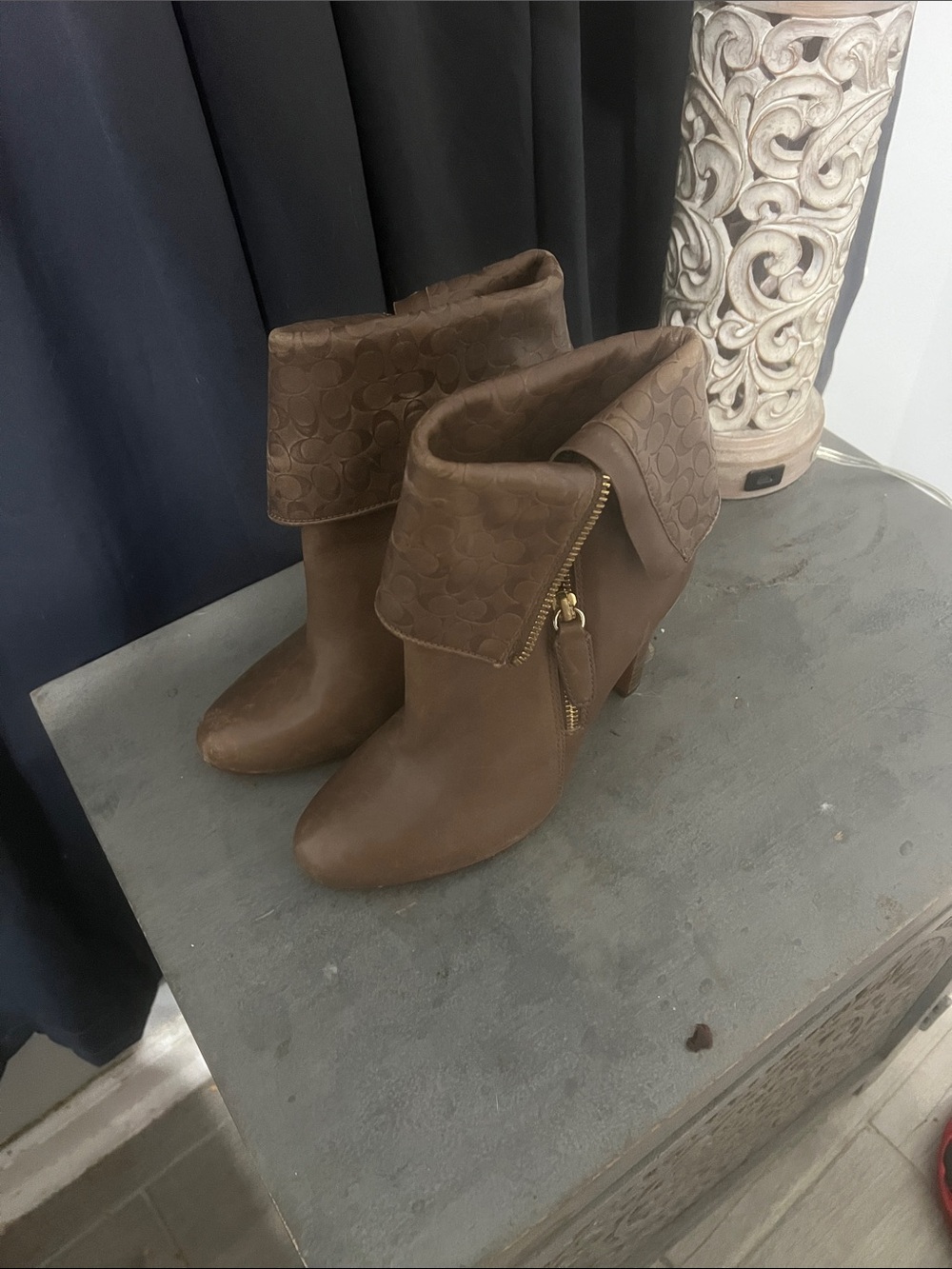 Coach Brown Fold-Over Ankle Booties with Side Zip